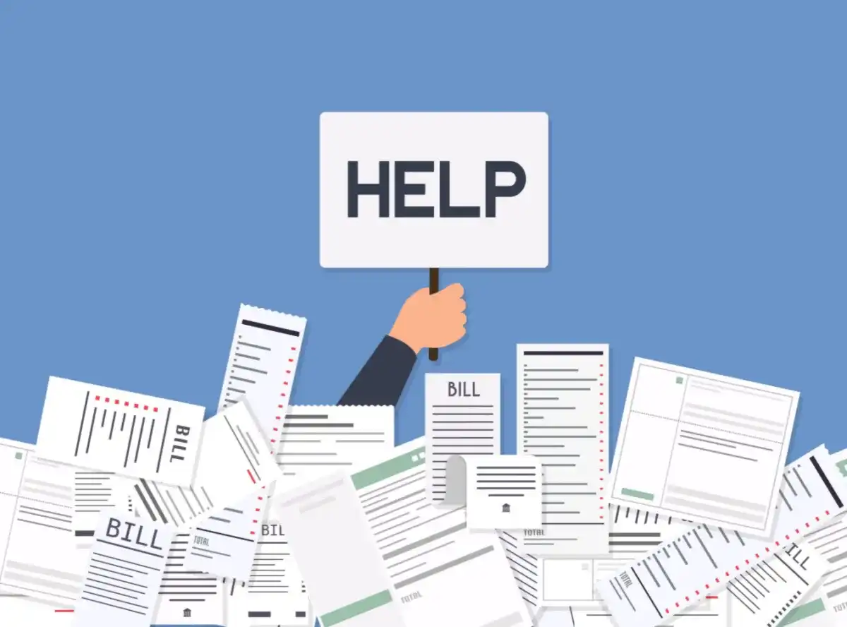 A graphic of someone holding a sign reading "Help" while sinking in a pile of bills