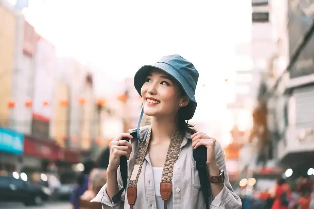 Woman enjoying her city during a staycation