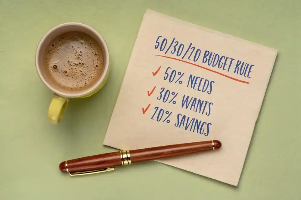 A napkin reading "50/30/20 Budget Rule"