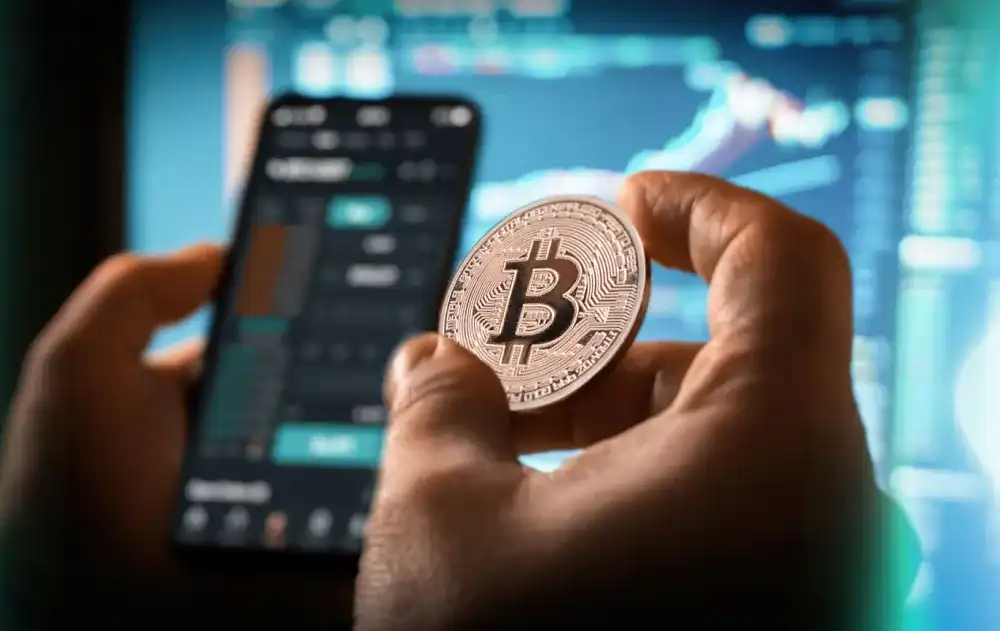 A person holding a bitcoin next to their phone