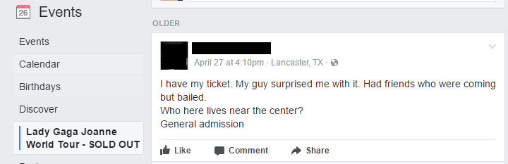 Person selling their Lady Gaga tickets on facebook