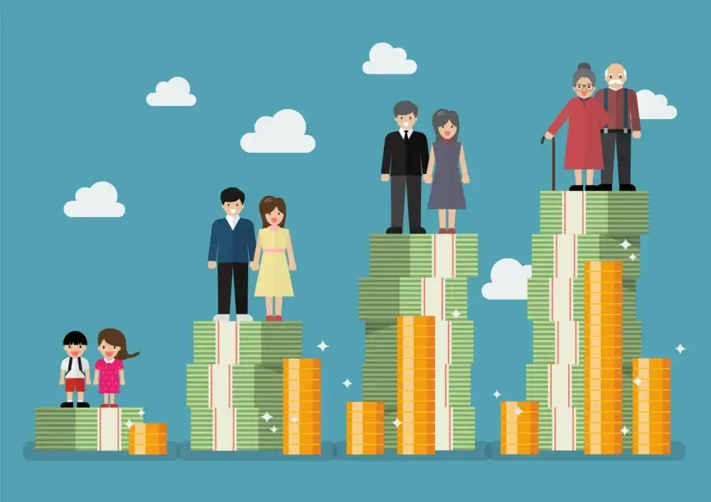 Illustration of different family members atop their retirement savings