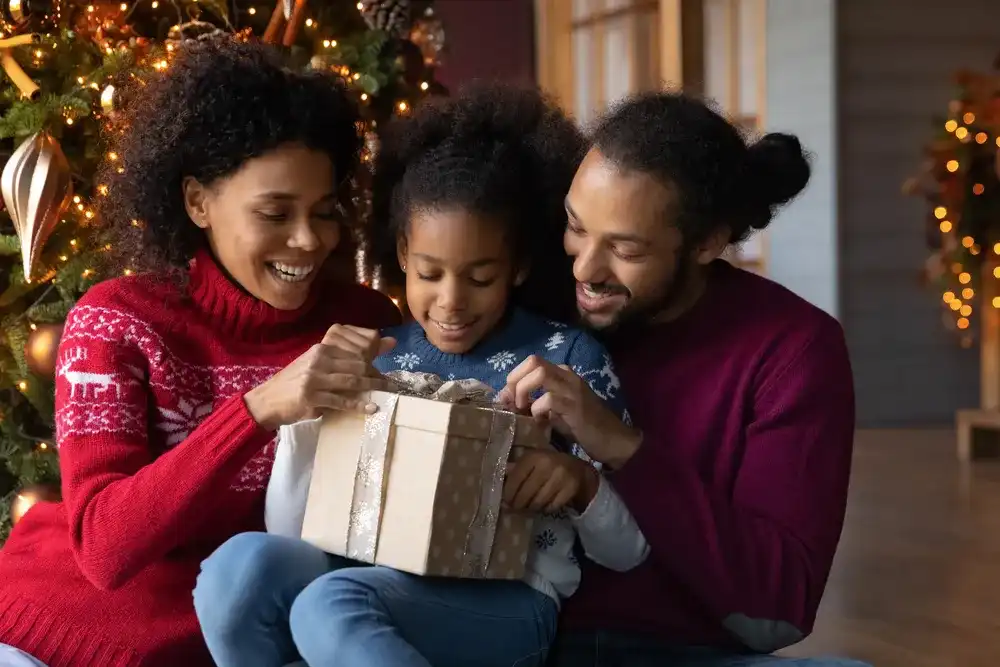 A family opening gifts they got with the help of a holiday loan