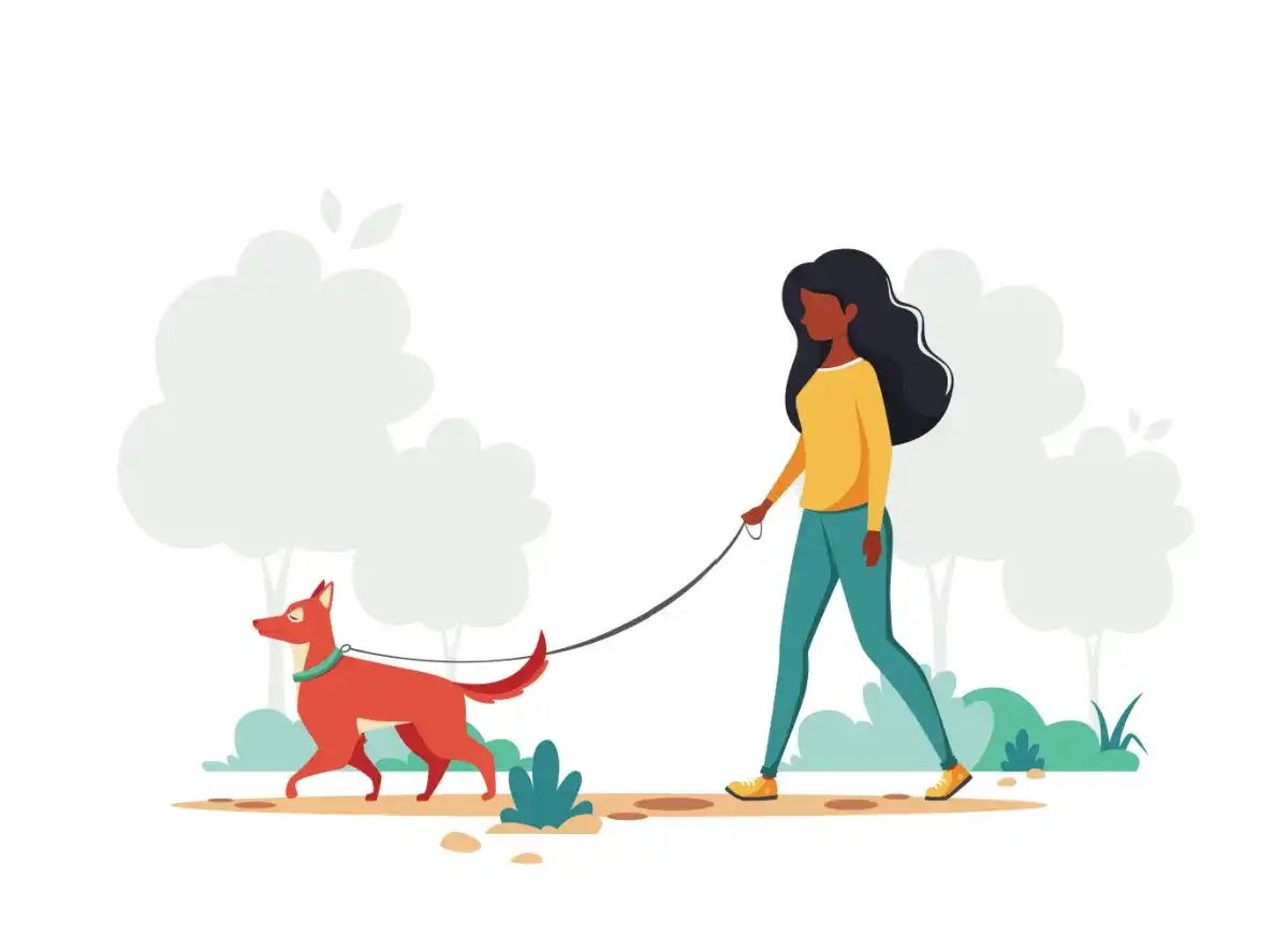 Illustration of a woman walking a dog for her side hustle