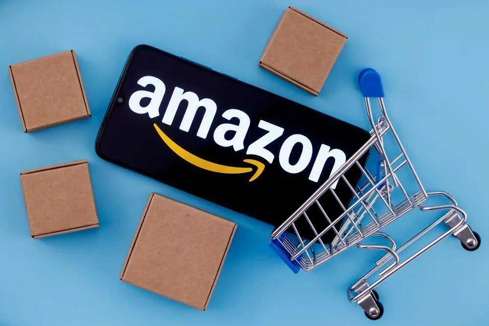 An Amazon sign in a shopping cart