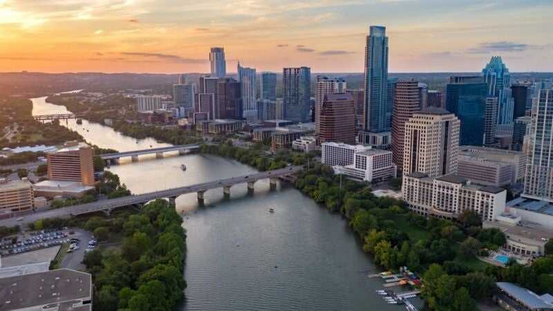 Sunset view of the Colorado river in Austin, Texas.