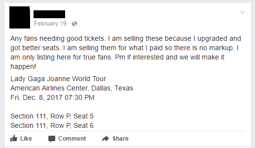 Person selling Lady Gaga tickets facebook post