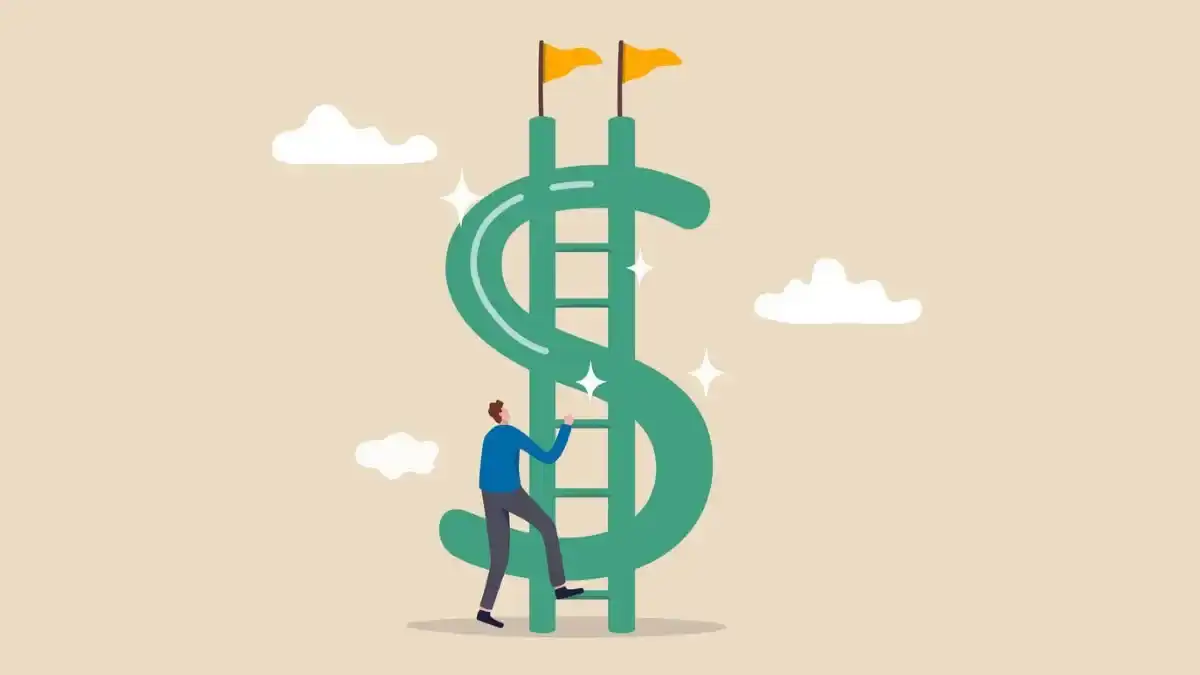 A graphic of a person climbing up a financial ladder