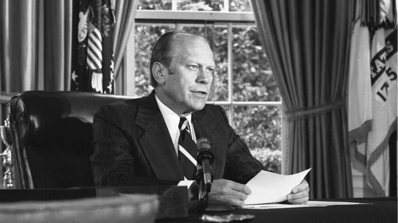 President Gerald R. Ford delivering an address to the nation.