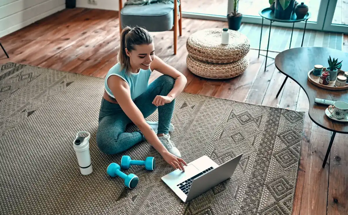 Woman looking online for a stress-relieving exercise